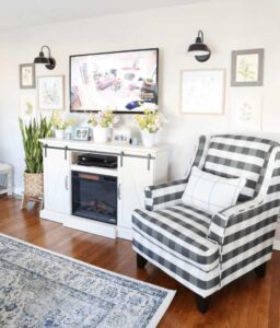 Checkered Fusion Furniture chair near tv in customer living room
